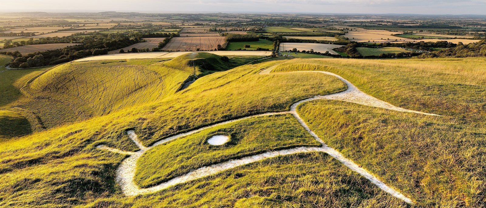 Uffington White Horse. Prehistoric Bronze Age chalk hill figure Oxfordshire, England. Close up over head, eye, ears and neck. By David Matthew Lyons via Adobe Stock.