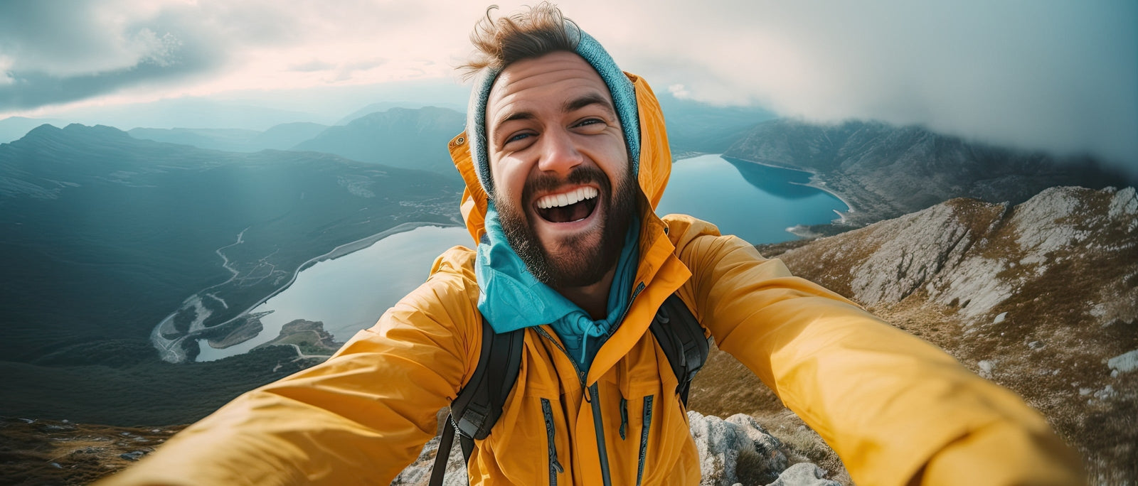 Outdoor YouTuber facing the camera on a mountain top.