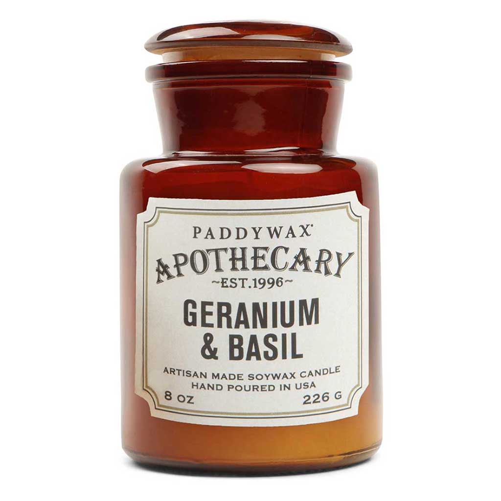 Apothecary Glass Candle | Geranium &amp; Basil Paddywax APG803EU Candles 8 oz / Amber