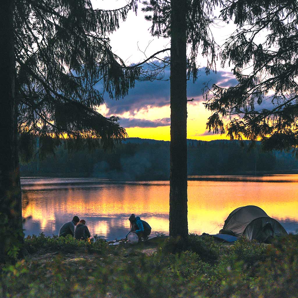 Campers with tent on a lakeside beach at sunset, surrounded by tall coniferous trees.
